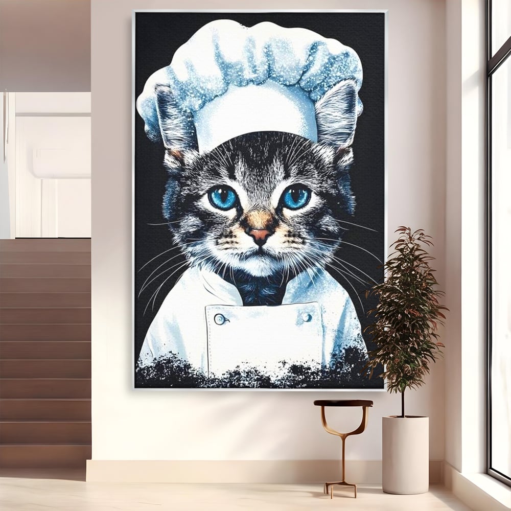 Tablou canvas cu tablou canvas cu pisica bucatar, in rama de aluminiu argintiu
